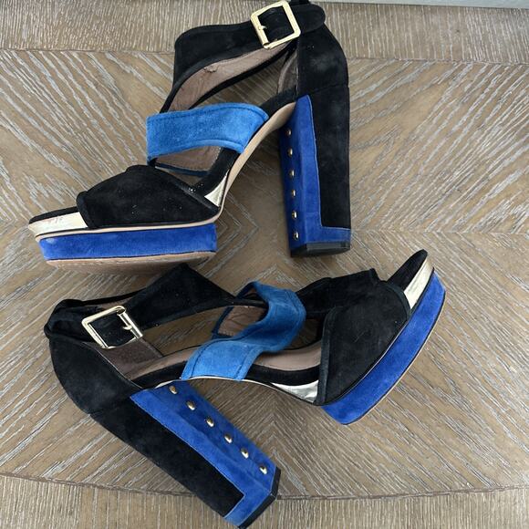 Vince Camuto Color Block Bue Black Suede Platform Sandals Heels Size 8.5 Shoes - Picture 11 of 11